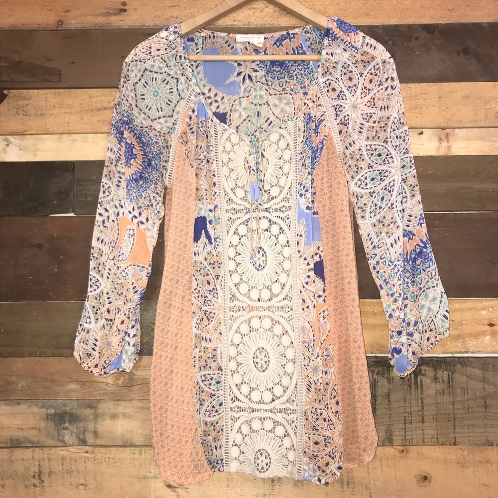 Anthro Meadow Rue Crochet Lace Sheer Geometric Print Peasant Blouse Tunic Top - Picture 3 of 8